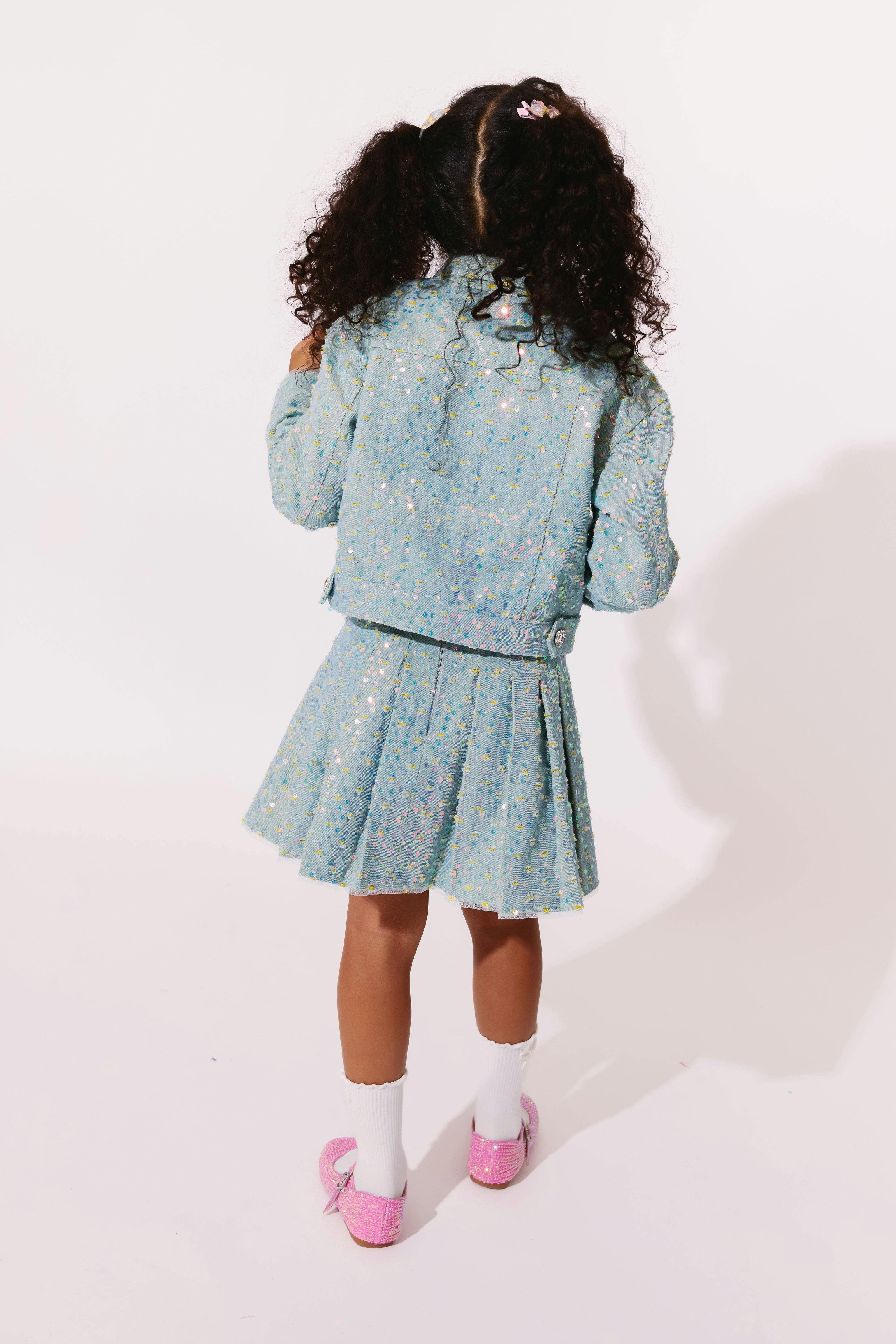 Confetti Denim Sequin Pleated Skirt