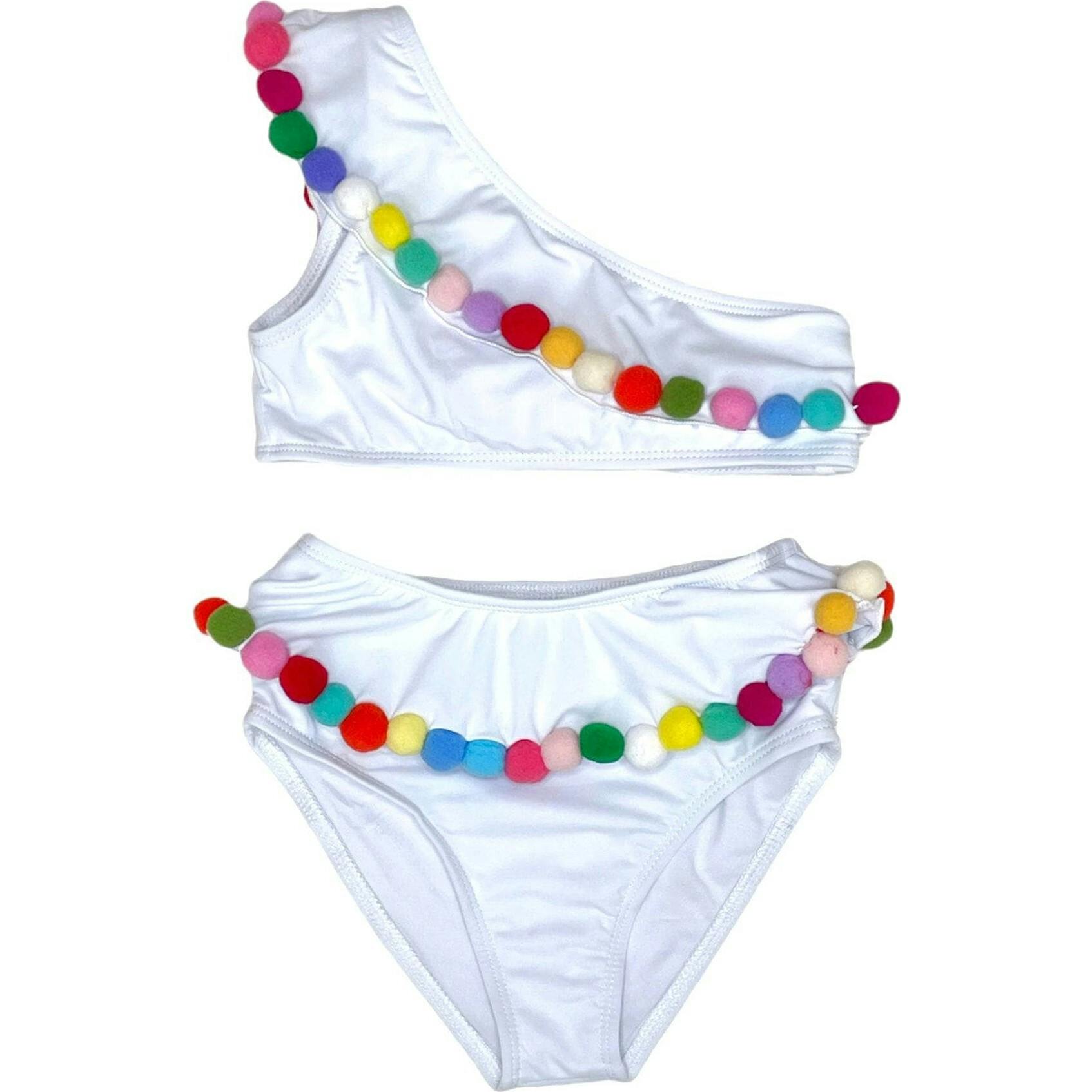 Rainbow Pompom One Shoulder Sleeveless Bikini