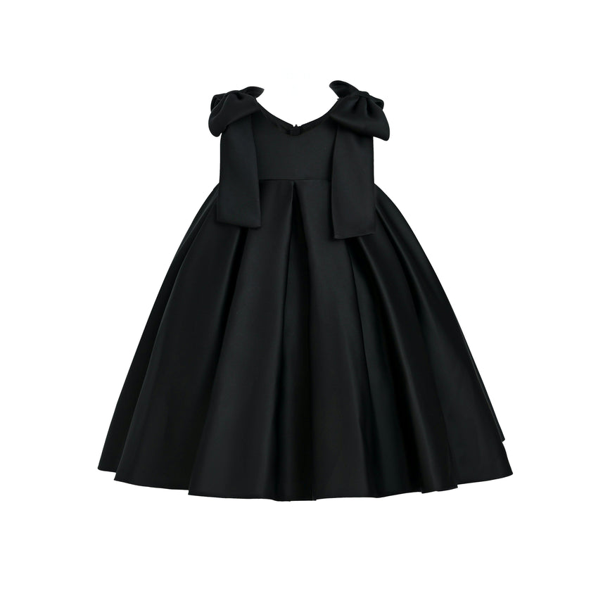 Black Palermo Satin Bow Pleated Dress