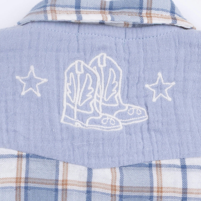 Western Boot Plaid - Short Sleeve Western Pearl Snap Shirt with Casual Short