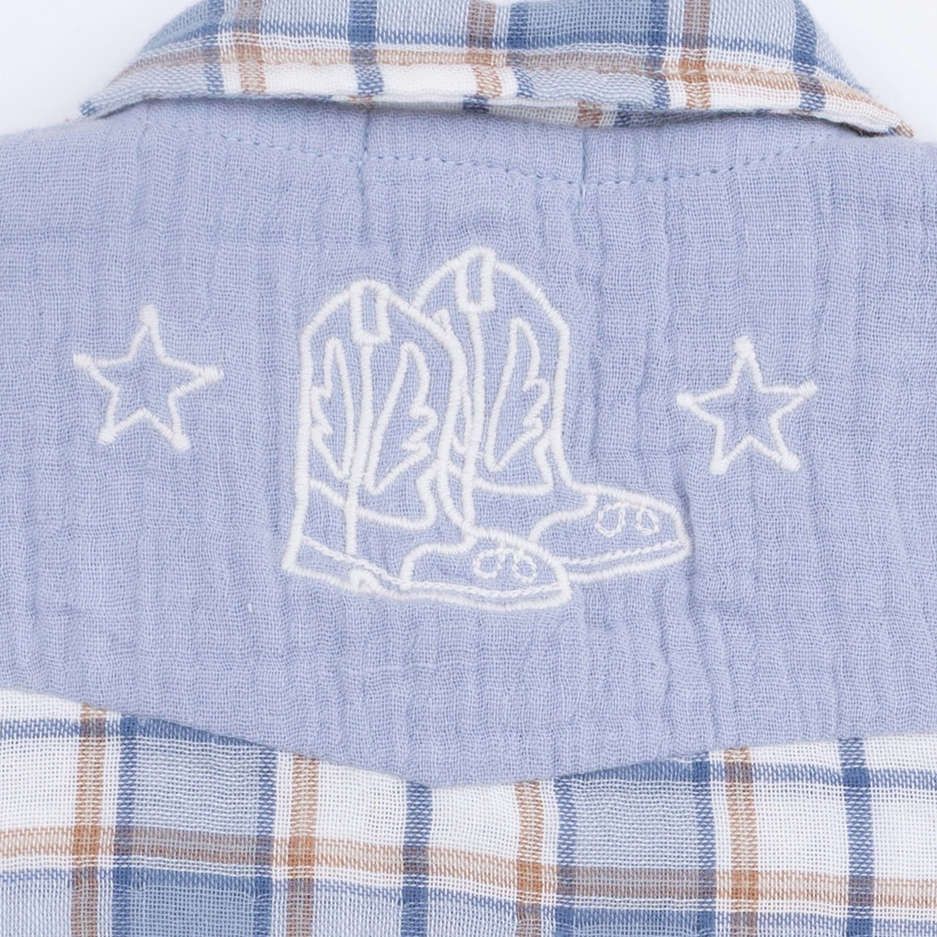 Western Boot Plaid - Short Sleeve Western Pearl Snap Shirt with Casual Short