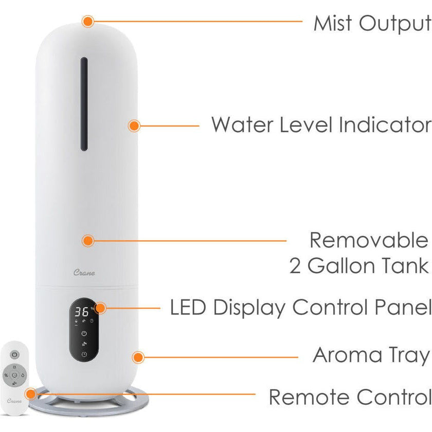 2 Gal. Ultrasonic Cool Mist Tower Humidifier with Germicidal UV-A Light
