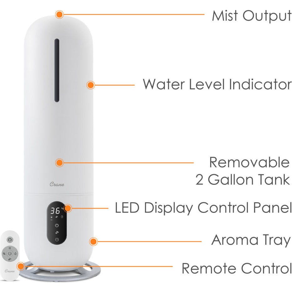 2 Gal. Ultrasonic Cool Mist Tower Humidifier with Germicidal UV-A Light
