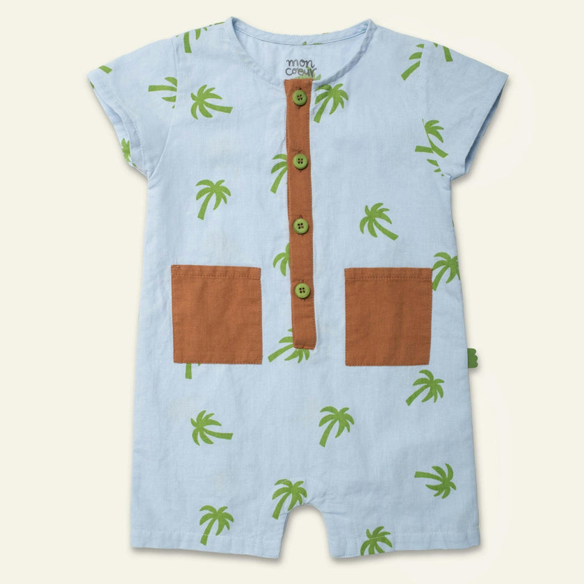Linen Palm Tree Pocket Baby Romper