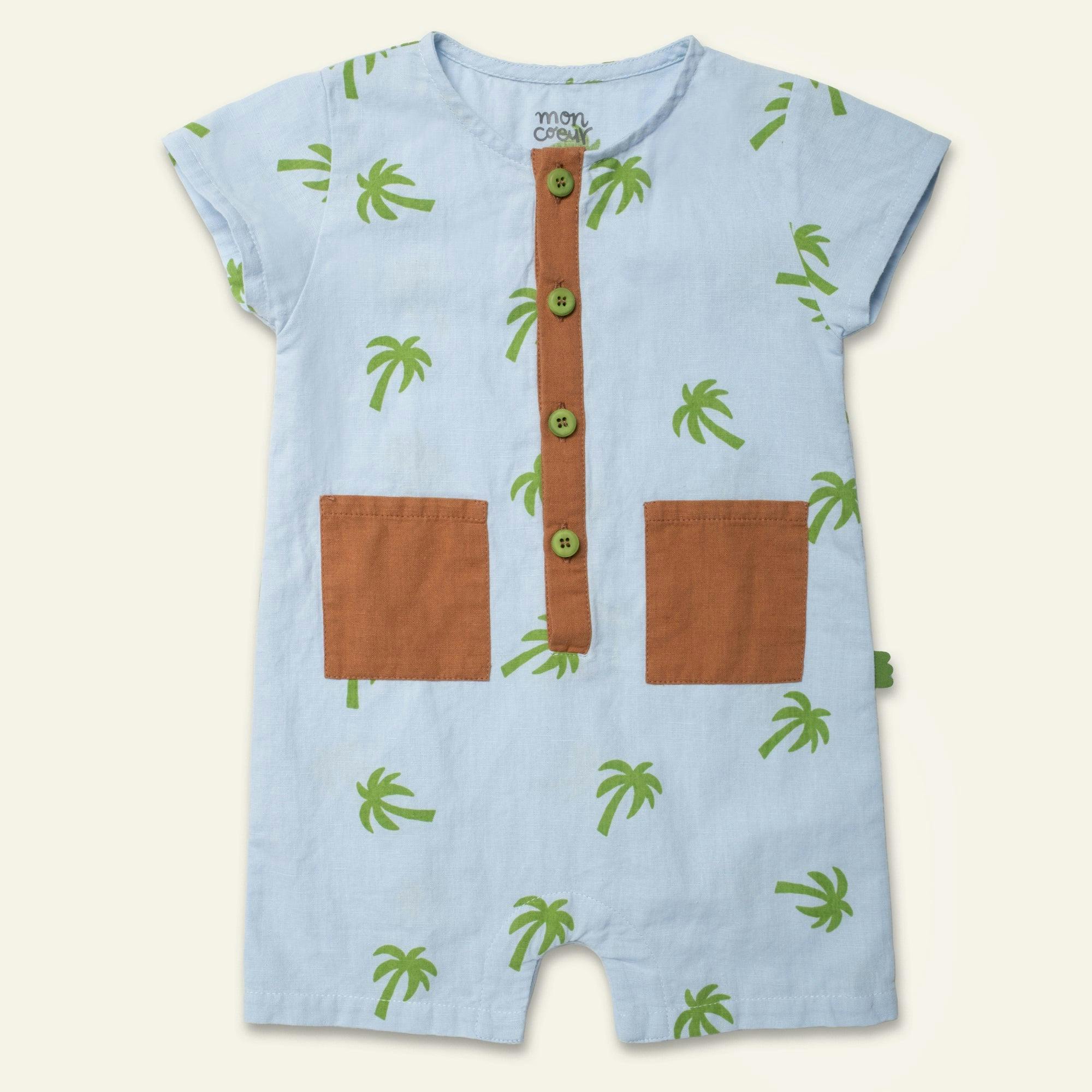 Linen Palm Tree Pocket Baby Romper