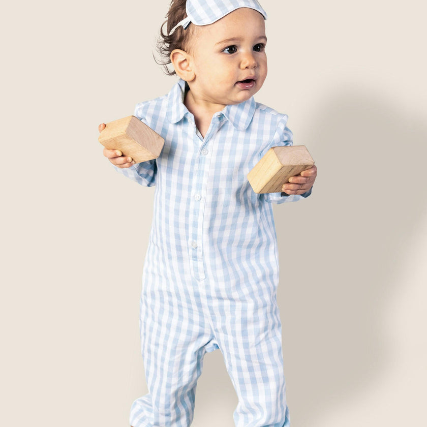 Baby's Twill Classic Romper in Light Blue Gingham