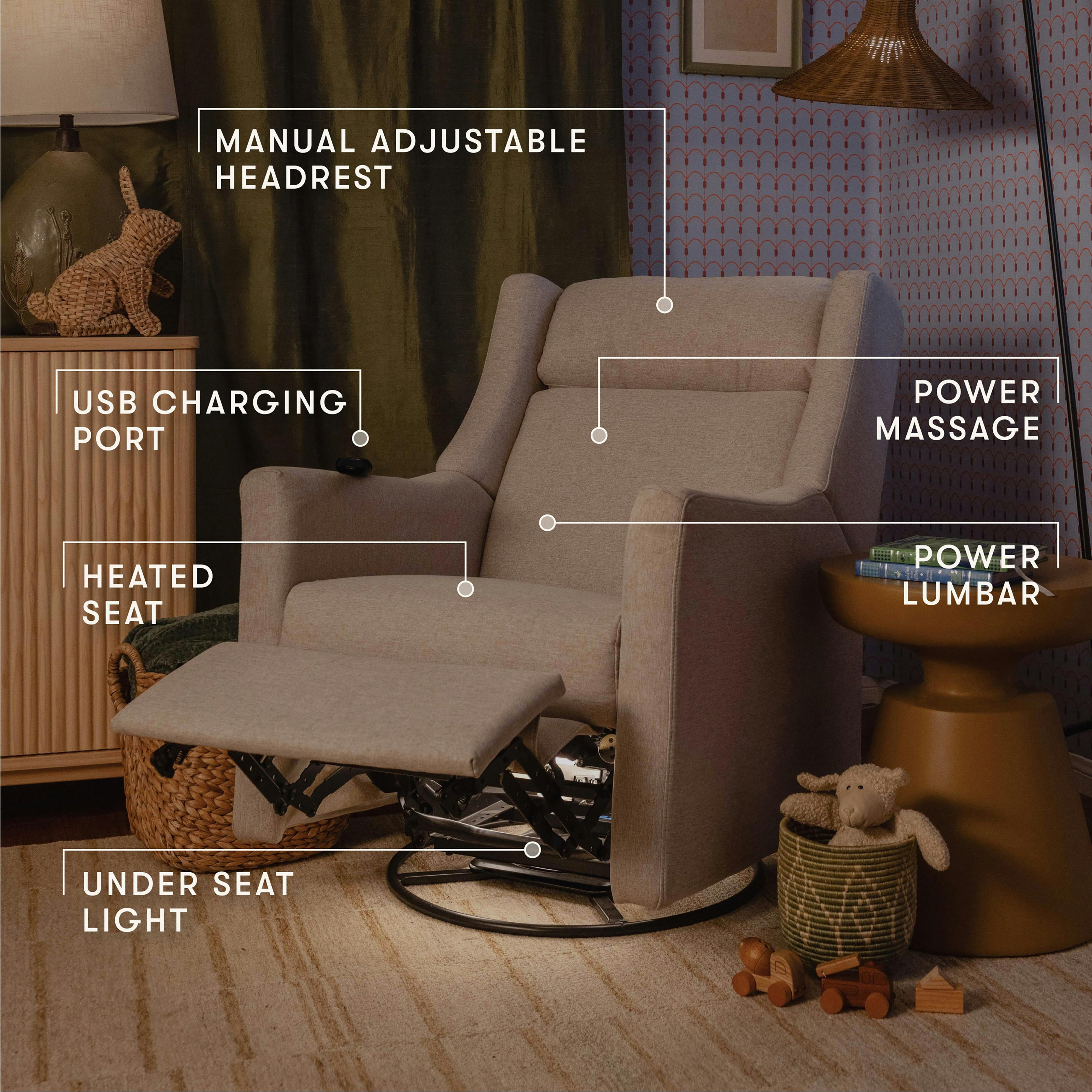 Kiwi Deluxe Power Recliner and Swivel Glider with Heat and Massage Performance Beach Eco-Weave