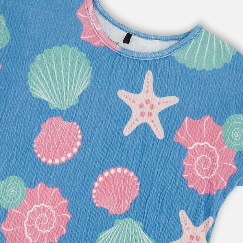 Crinkle Jersey T-Shirt Blue Shell Print