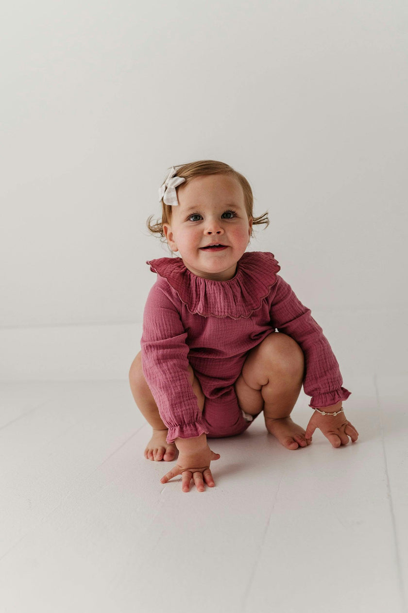 Girls Gauze Frill Neck Bodysuit in Mesa Rose