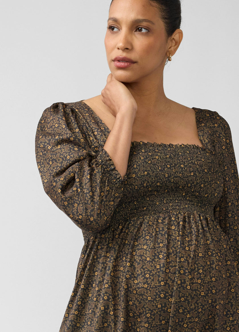 Smocked Sateen Maternity and Nursing Midi Dress