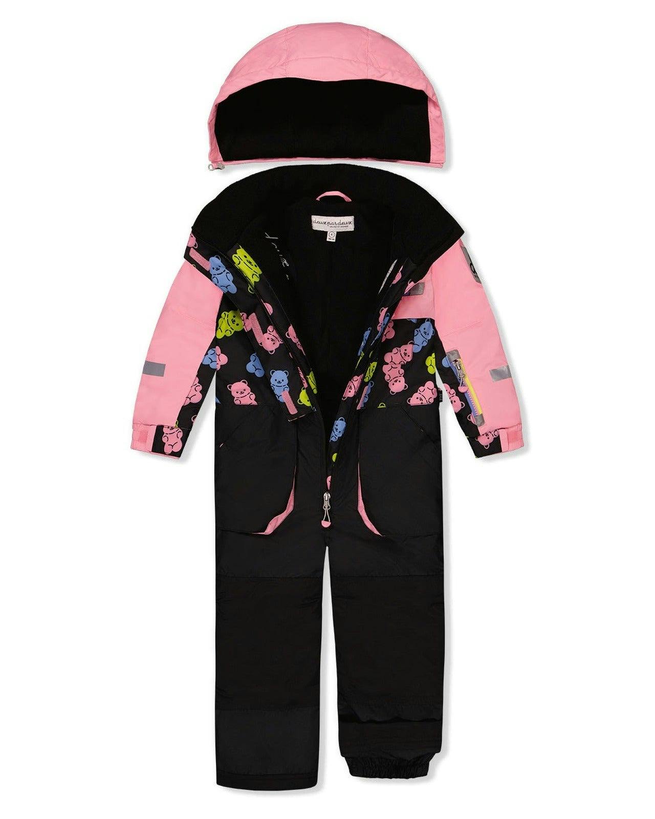 Kids One Piece Play Snowsuit Pink And Black Gummy Bear Print