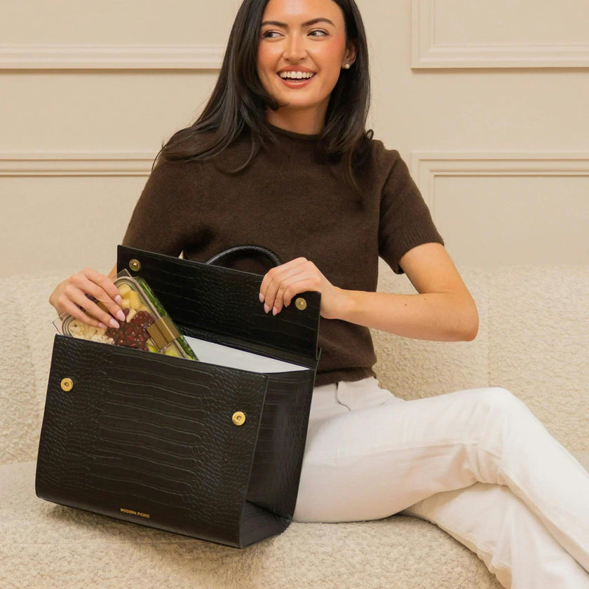 Large, Insulated, Chic Lunchbox, Black Croc
