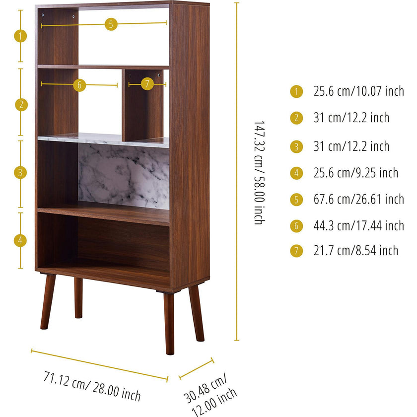 Kingston Wooden Bookcase with Faux Marble Shelf & Accents