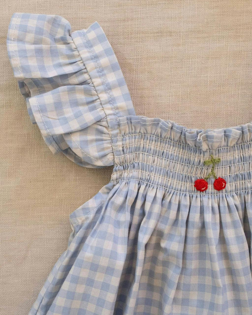 Smock Flutter Dress in Blue Gingham/Cherry