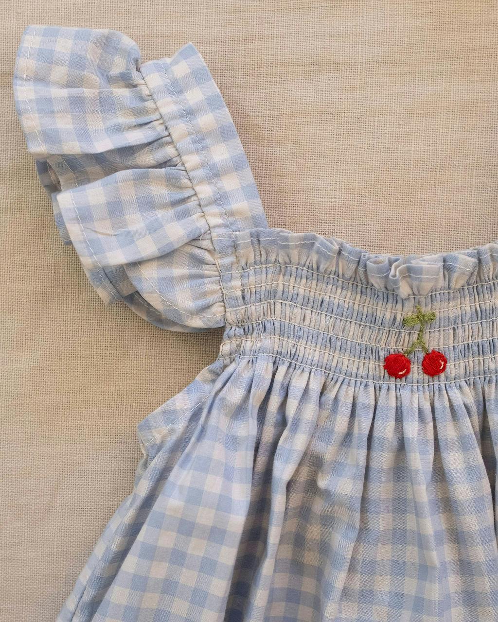 Smock Flutter Dress in Blue Gingham/Cherry