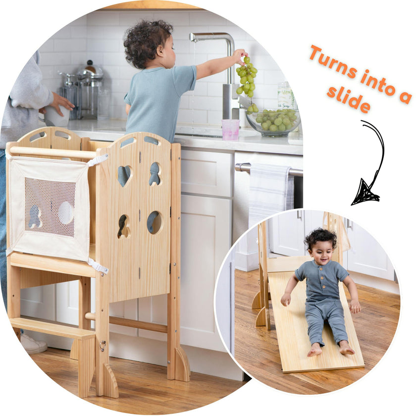 Laurel 4-in-1 Foldable Kitchen Tower, Step Stool, Slide & Chalkboard for Toddlers