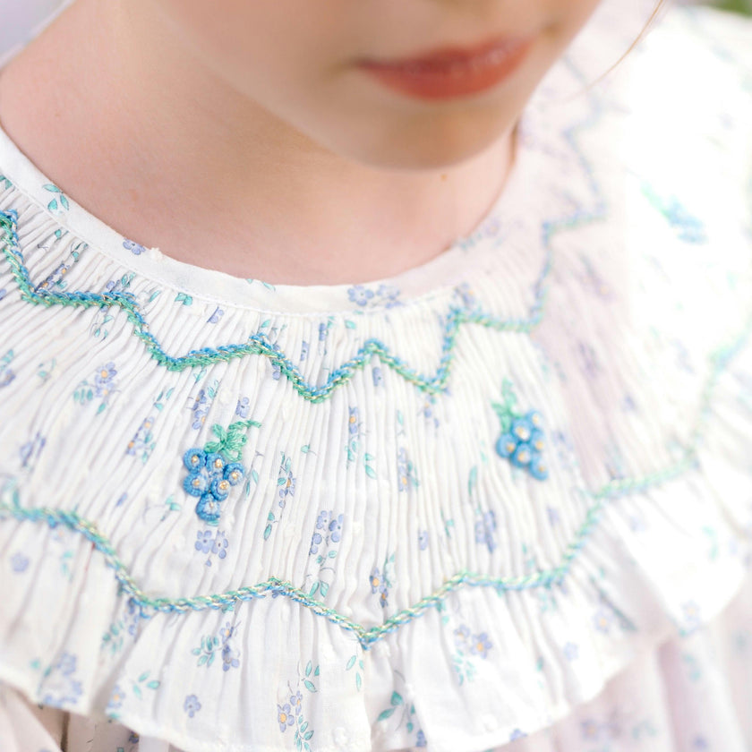 Myrtille Blue Floral Short Sleeve Bishop Dress