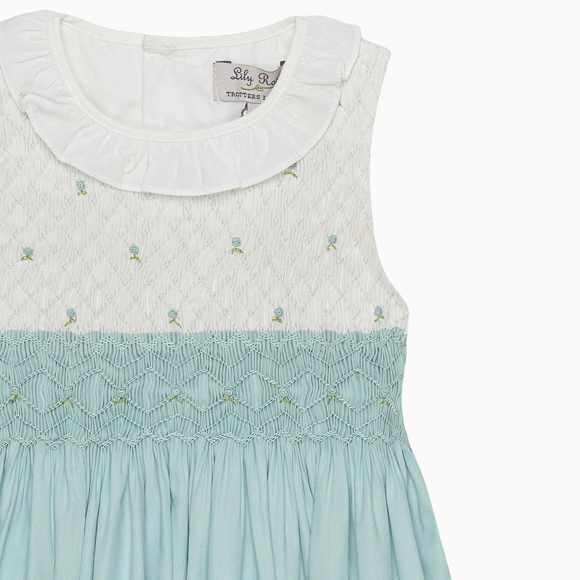 Sleeveless Willow Rose Hand Smocked Dress in Sea Blue