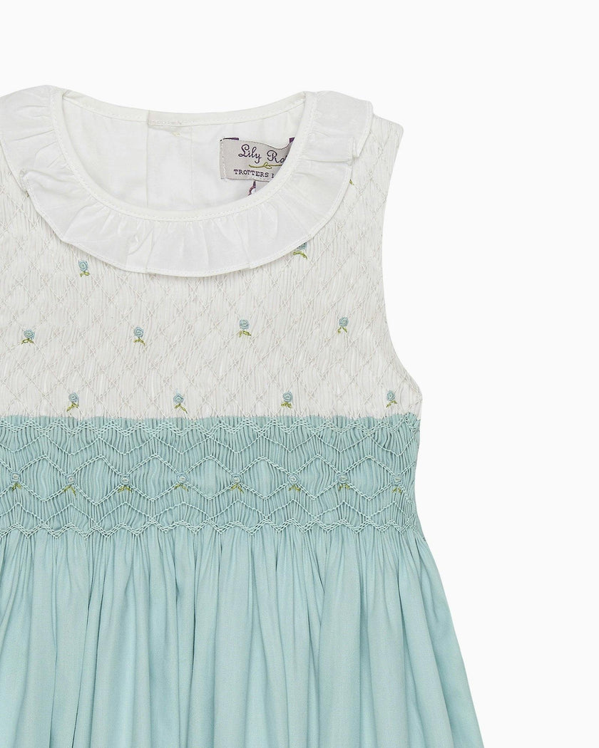 Sleeveless Willow Rose Hand Smocked Dress in Sea Blue