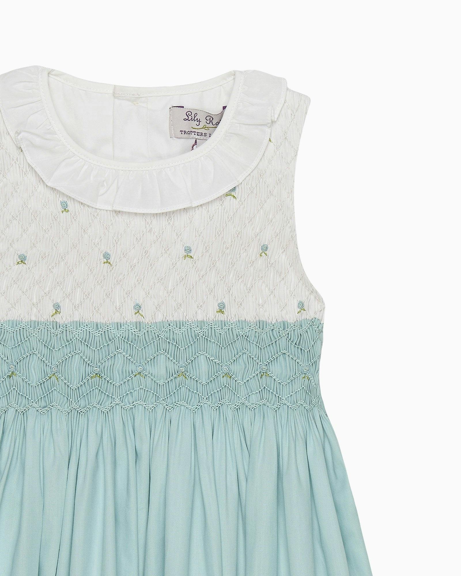Sleeveless Willow Rose Hand Smocked Dress in Sea Blue