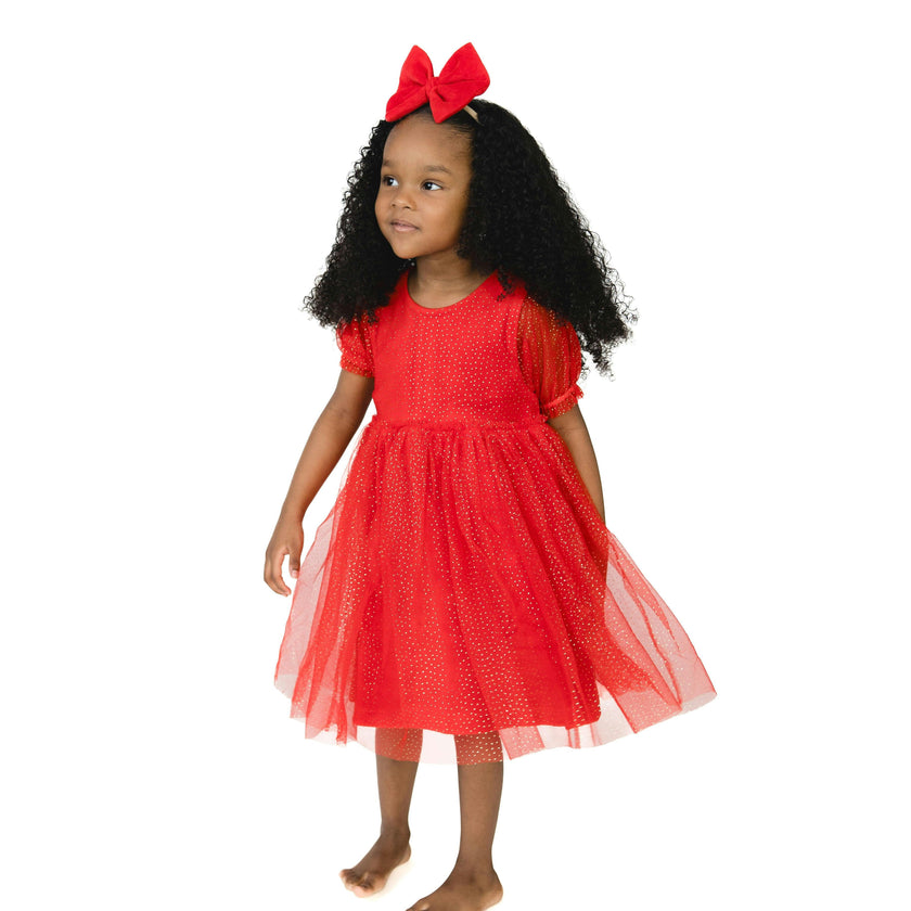 Holiday Red - Velour - Puff Sleeve Dress with Tulle Overlay and Bloomer (up to 4T)