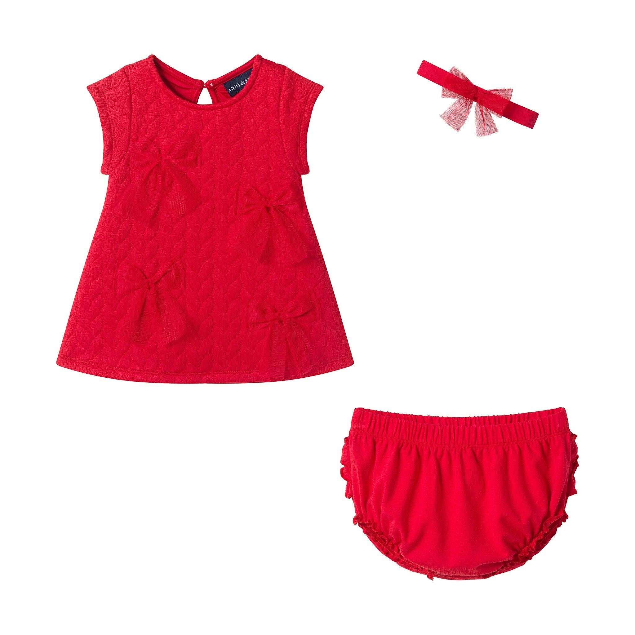 Infant Girls (0-12M) Quilted Knit Dress & Headband Set | Tulle Bows - Red