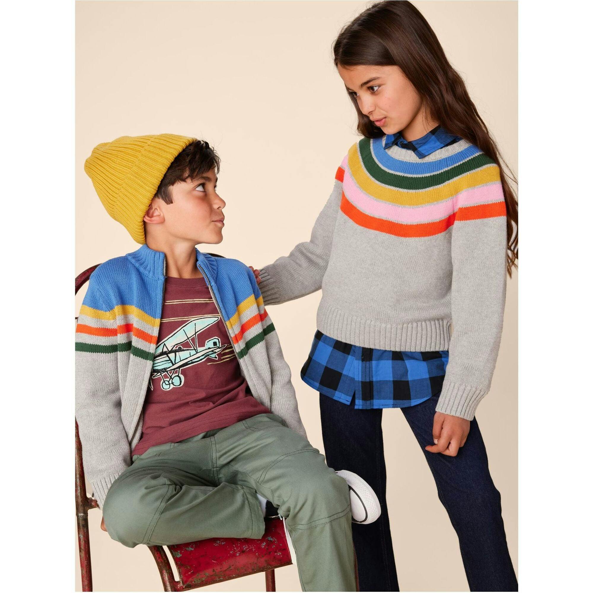Rainbow Graphic Print Crew Neck Long Sleeve Sweater, Grey