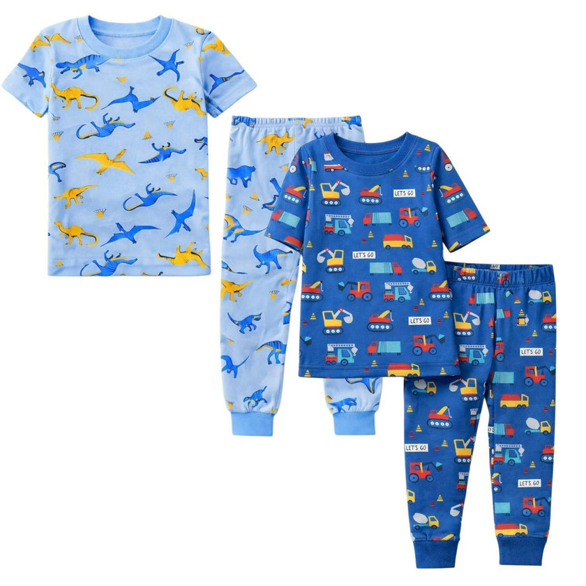 Kids and Toddlers 2 Pack Blue Dinosaurs/Cars Shorts Sleeve Snug Fitted Pajamas