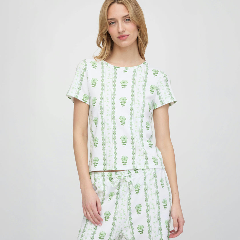 The Kelly Pajama Set - White/Green Arcadia Border