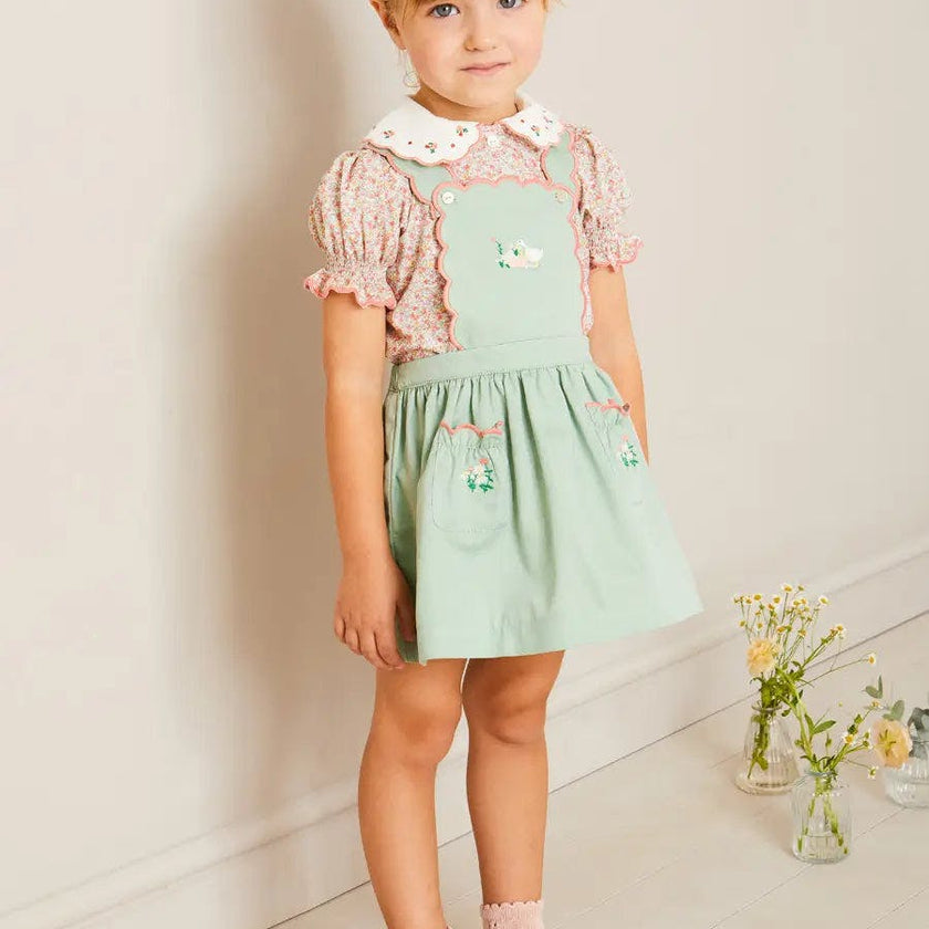 Duck Embroidered Scallop Detail Skirt With Braces in Green (18mths-6yrs)