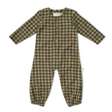 Organic Long Sleeve Button Romper - Olive Gingham
