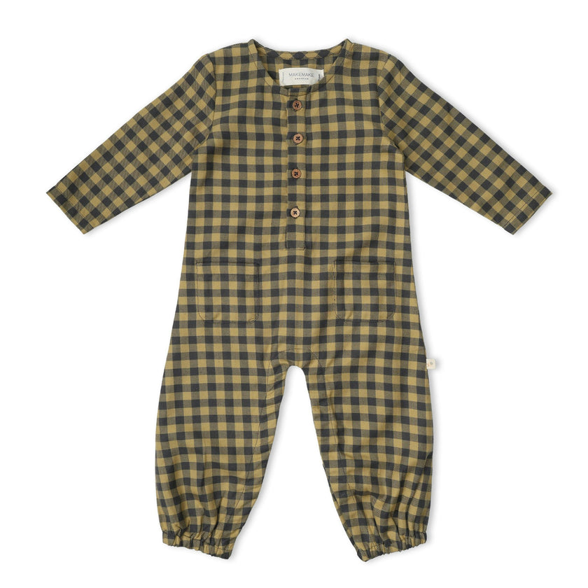 Organic Long Sleeve Button Romper - Olive Gingham