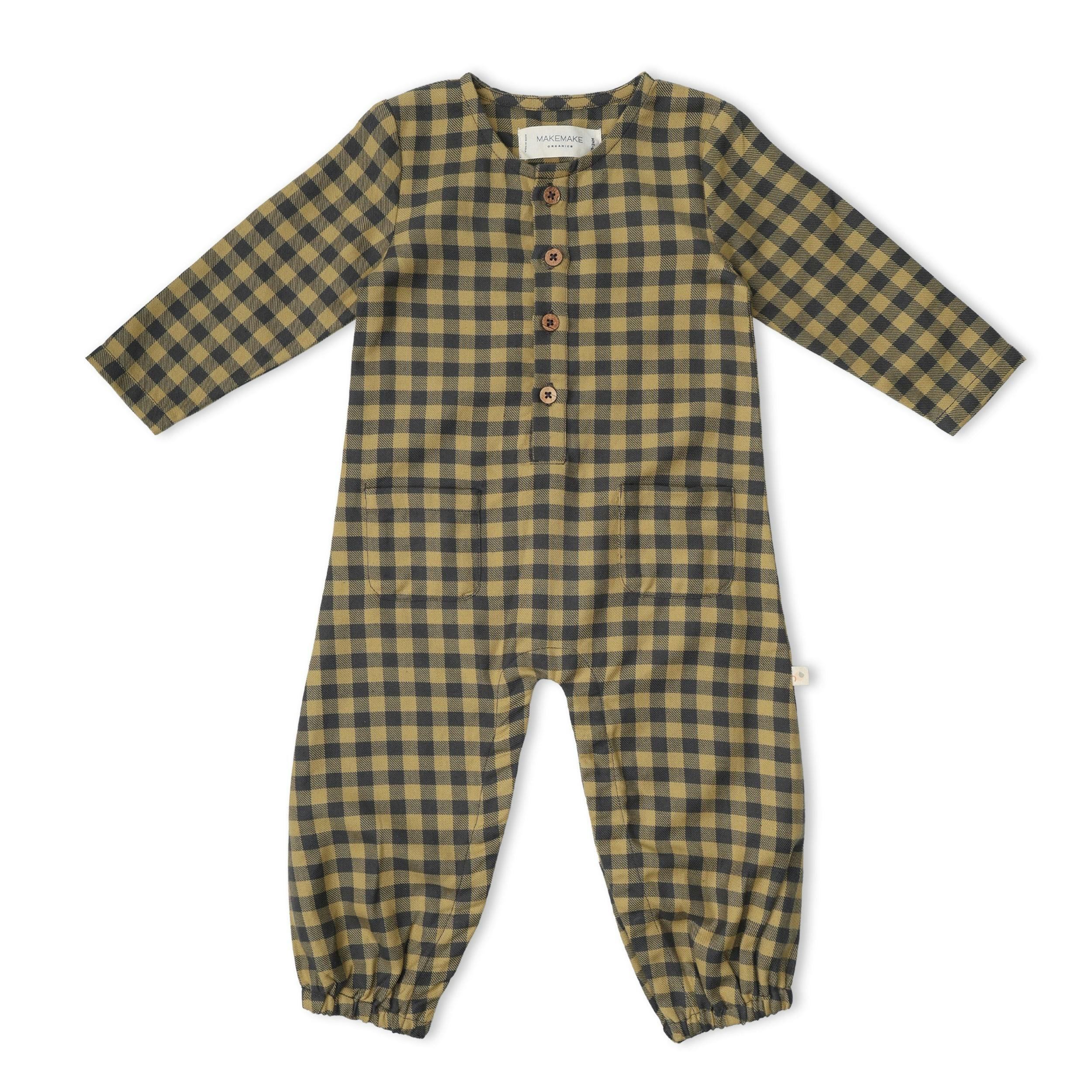 Organic Long Sleeve Button Romper - Olive Gingham