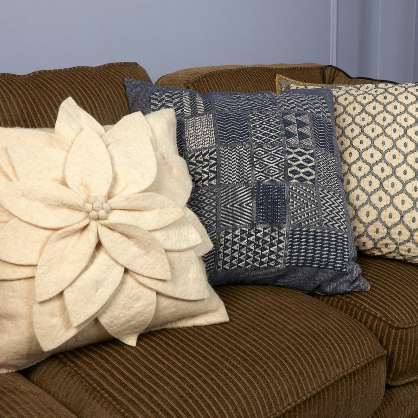 Artisan Hand Loomed Cotton Square Pillow - Indigo Blocks - 24" Arcadia Home