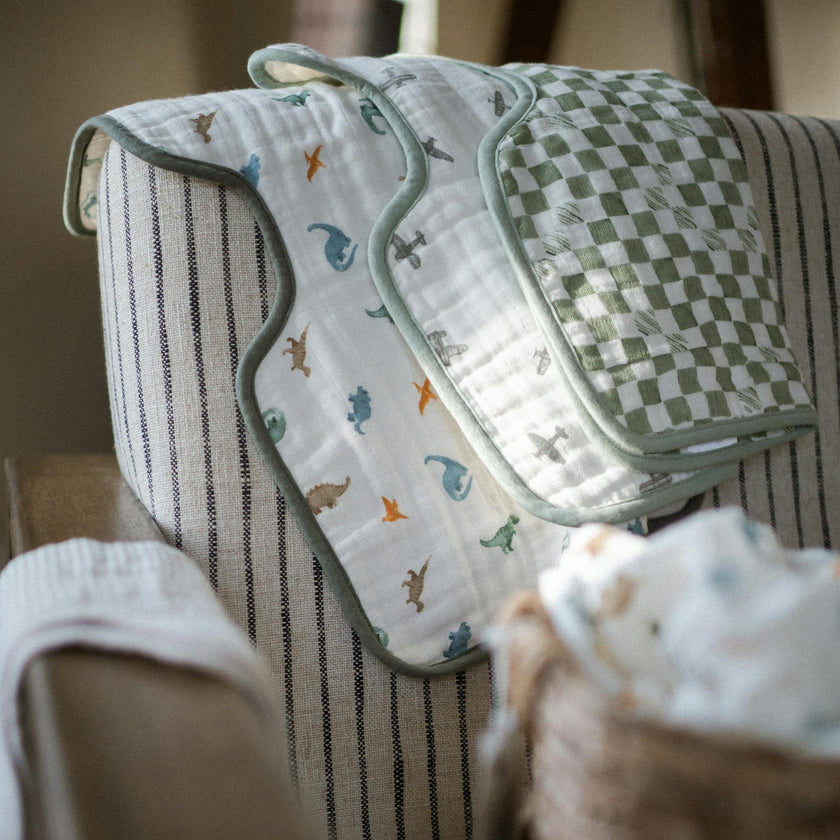 Organic Cotton Muslin Burp Cloth 2 Pack - Little Dino + Green Checker