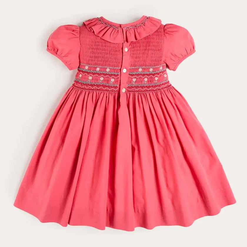 Hand Smocked Flower Embroidered Dress in Strawberry (12mths- 10yrs)