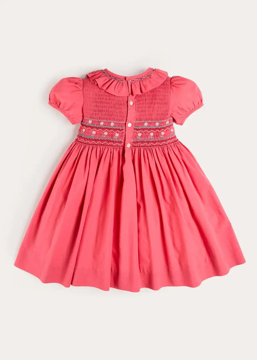 Hand Smocked Flower Embroidered Dress in Strawberry (12mths- 10yrs)
