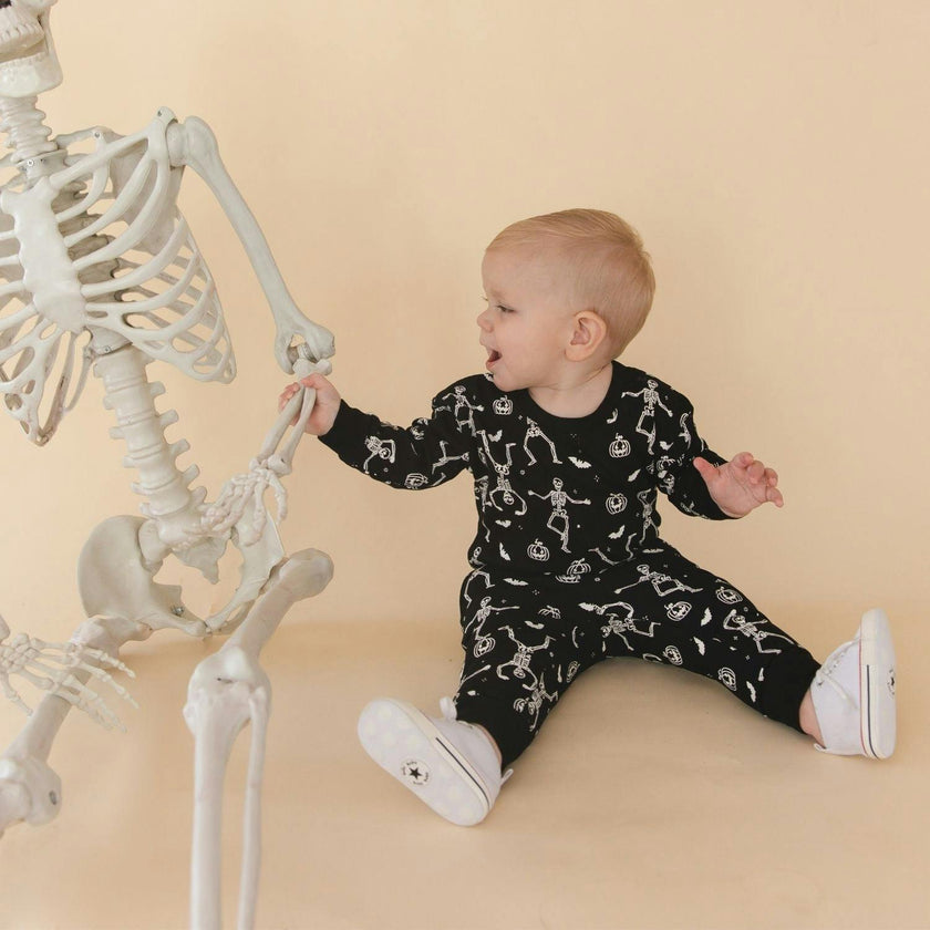 Glow In The Dark Silly Skelly Halloween Long Sleeve Romper & Jogger Set