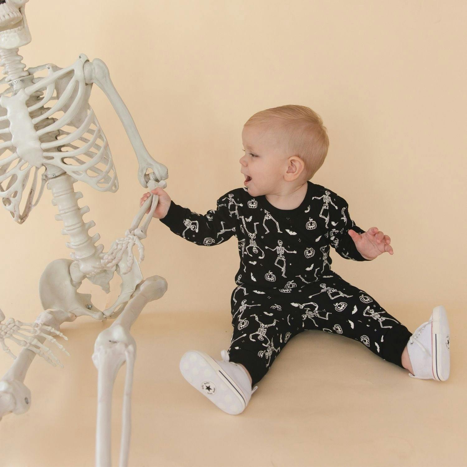 Glow In The Dark Silly Skelly Halloween Long Sleeve Romper & Jogger Set