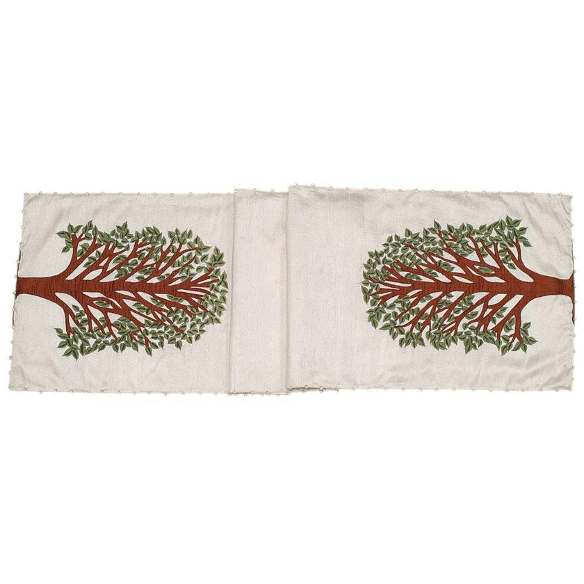 Handmade Ivory Silk Table Runner Tree of Life Embroidery and Hand Beading - 18"x72"