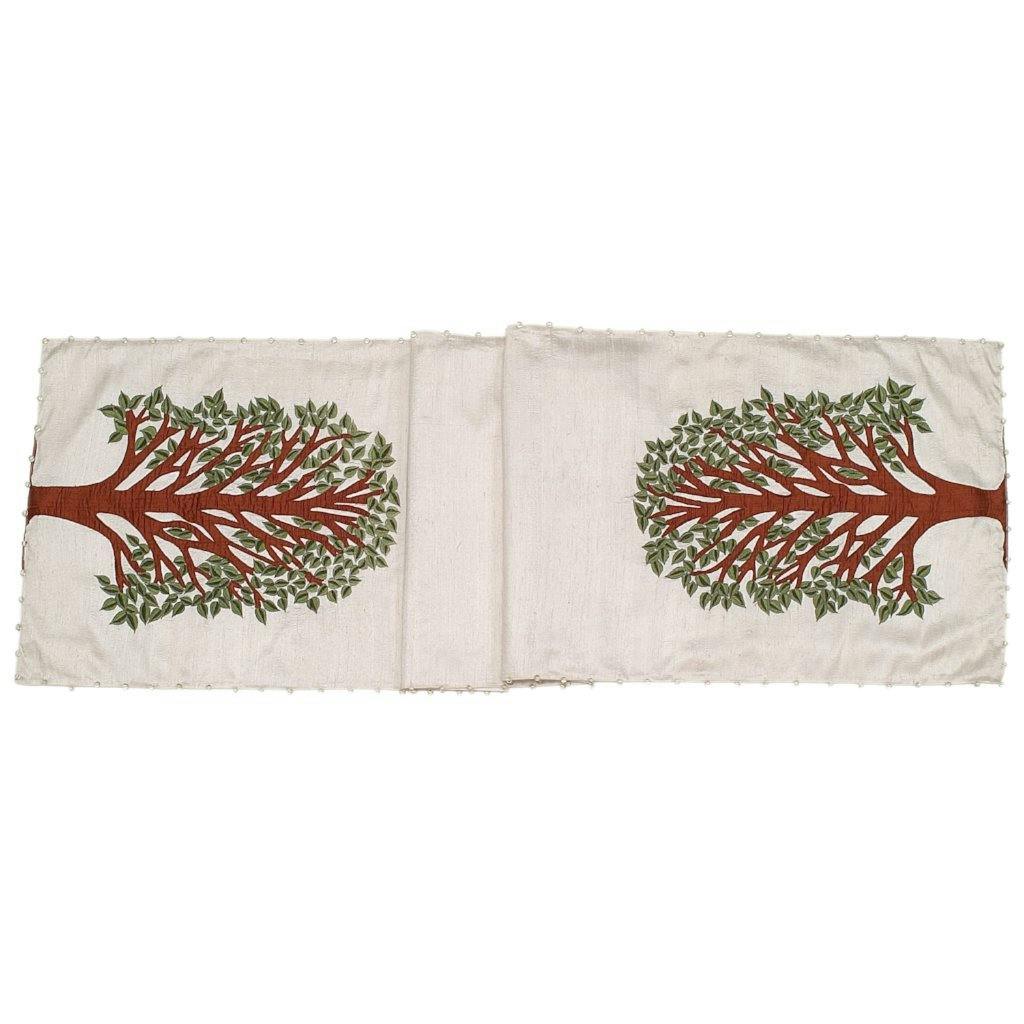 Handmade Ivory Silk Table Runner Tree of Life Embroidery and Hand Beading - 18