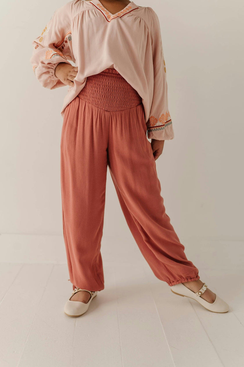 Girls Harem V-Waist Tie Pants in Grayish Blue