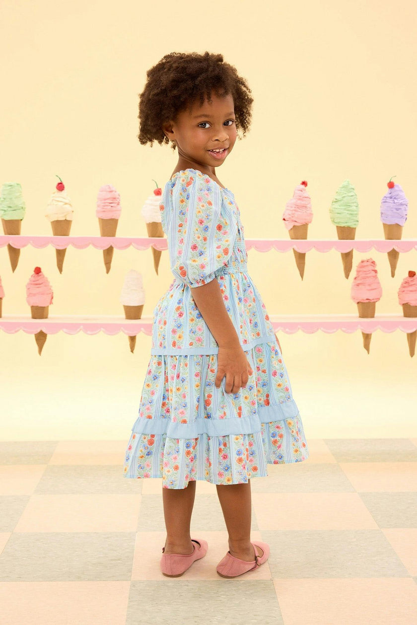 Mini Roselyn Dress in Blue Linear Floral Print