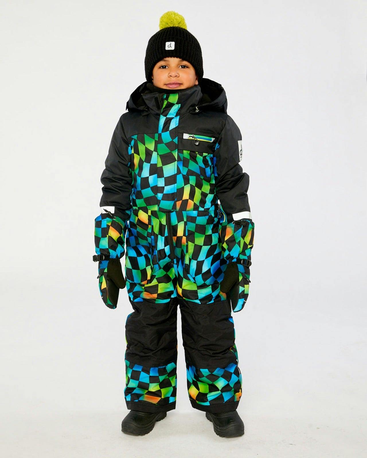 Kids One Piece Play Snowsuit Blue Checkered Print