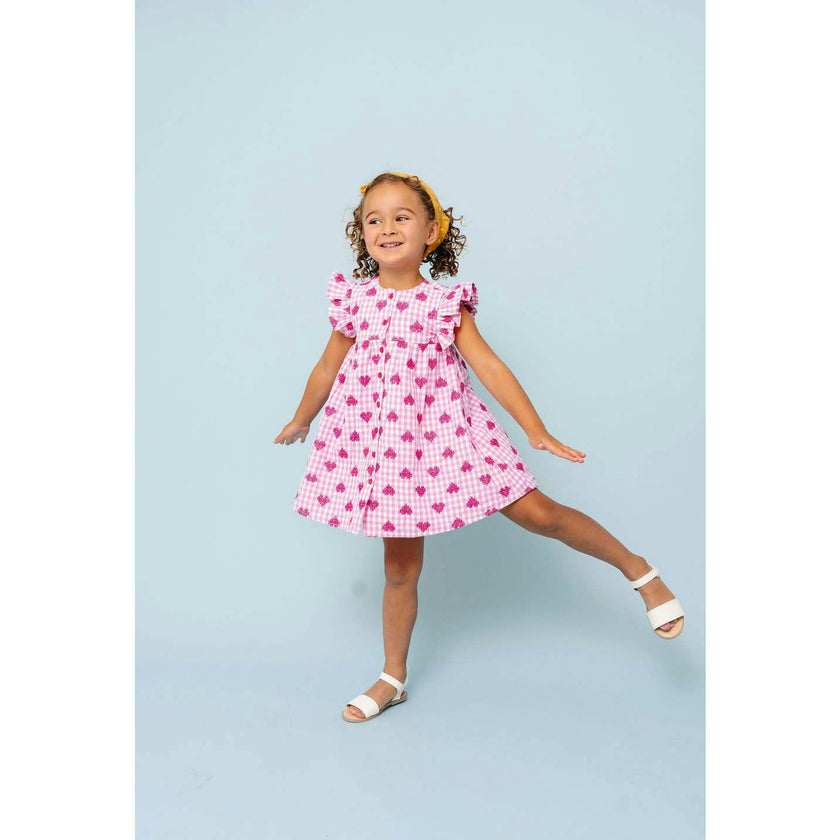 Pink Gingham Hearts Embroidery Girls Sunday Dress