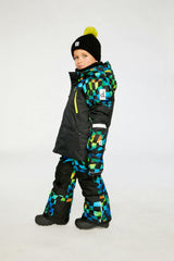 Two Piece Play Snowsuit Black Colorblock With Green Yellow And Blue Checkerboard Pants