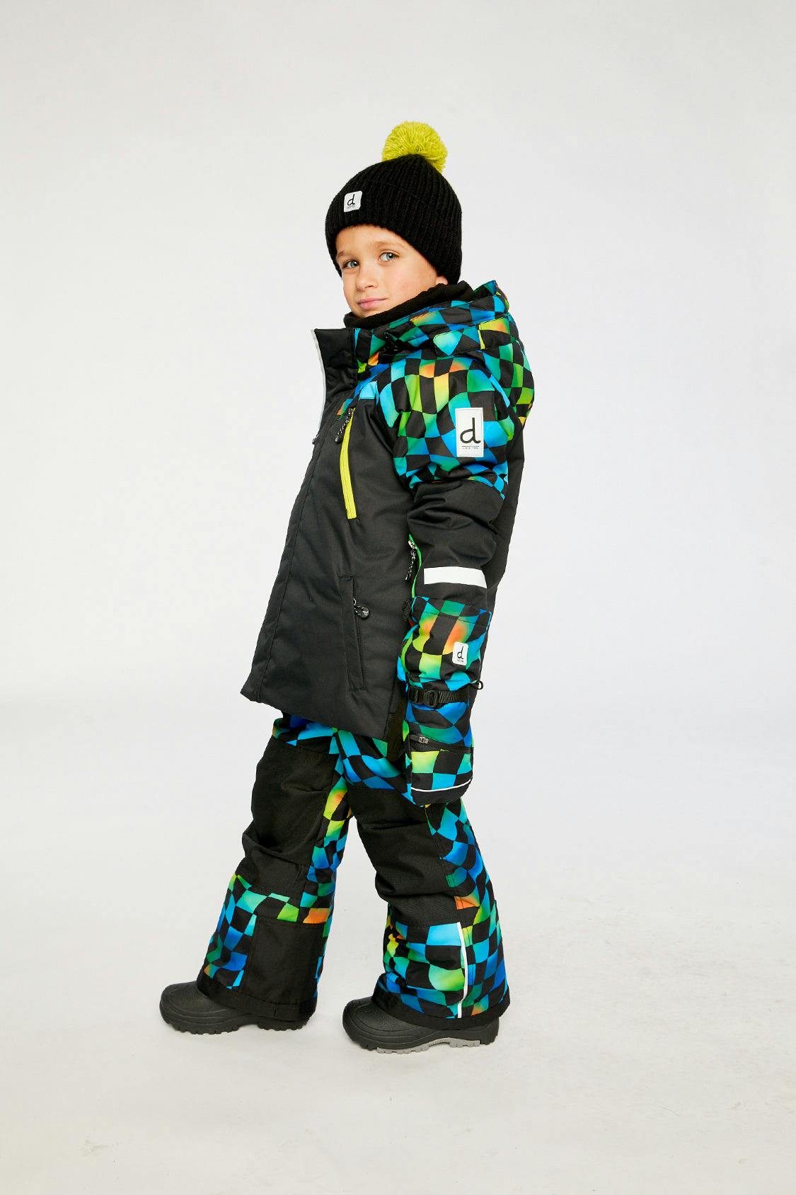 Two Piece Play Snowsuit Black Colorblock With Green Yellow And Blue Checkerboard Pants