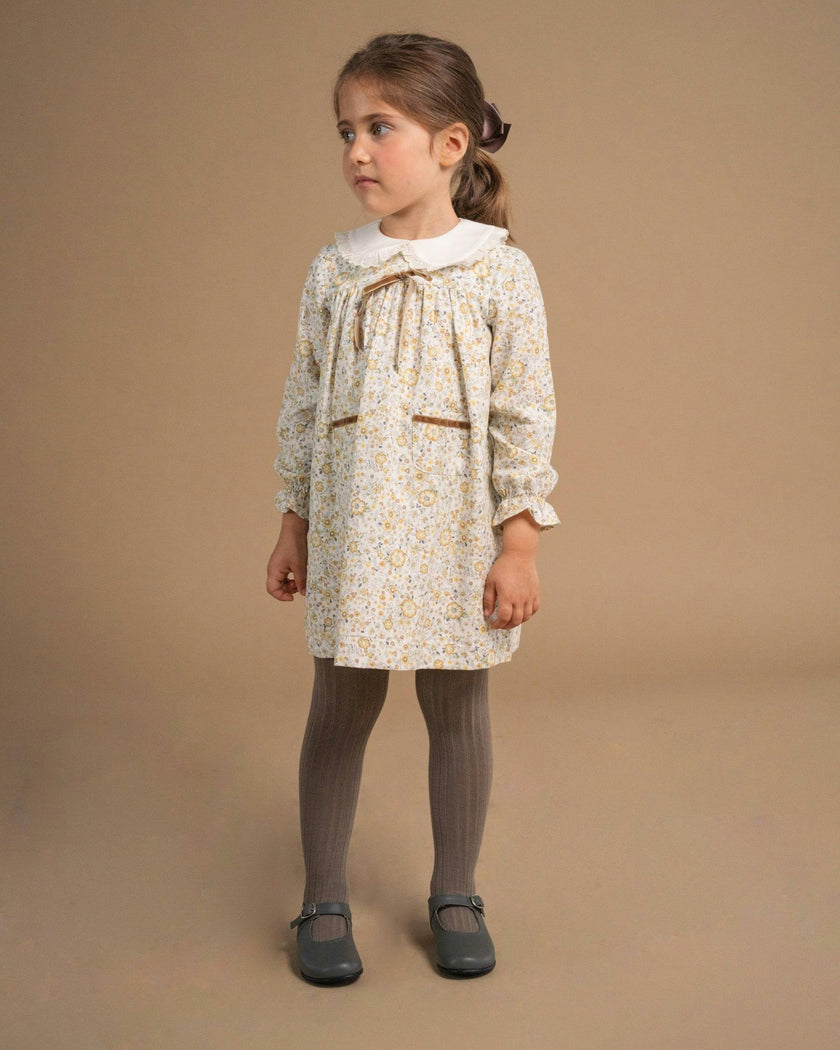 Leela Dress Beige Mustard Floral