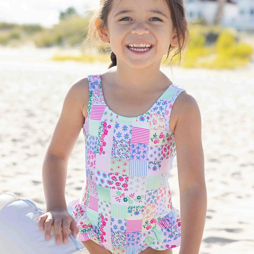Patchwork Floral Hip Ruffle Swimsuit