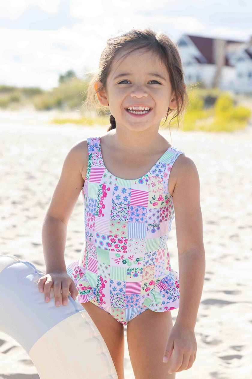 Patchwork Floral Hip Ruffle Swimsuit